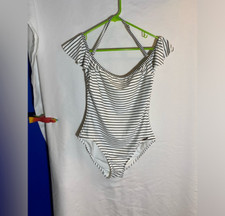 Vince Camuto Women's SwimSuit One Piece Striped Ruffle Black White Size 12, NWOT