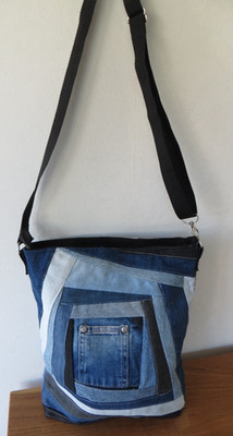 Jeans Patchwork Tasche mit Reißverschluss und Schultergurt, neu, Unikat