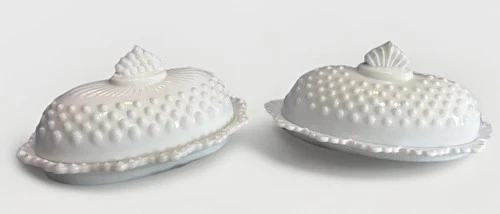 VTG 2.ea Fenton Milk Glass Hobnail  Butter Dishes with Crown & Scallop Top Lid