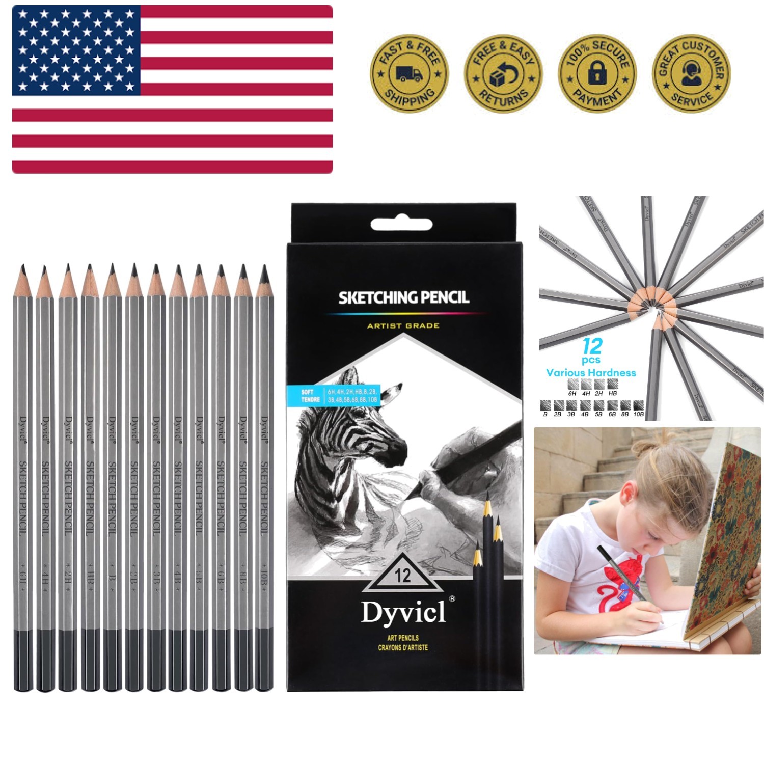 Set - 12 Pieces Drawing Pencils 10b, 8b...