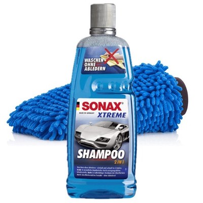 SONAX XTREME Shampoo 2in1 1 Liter + XL Chenille Waschhandschuh blau Autowäsche