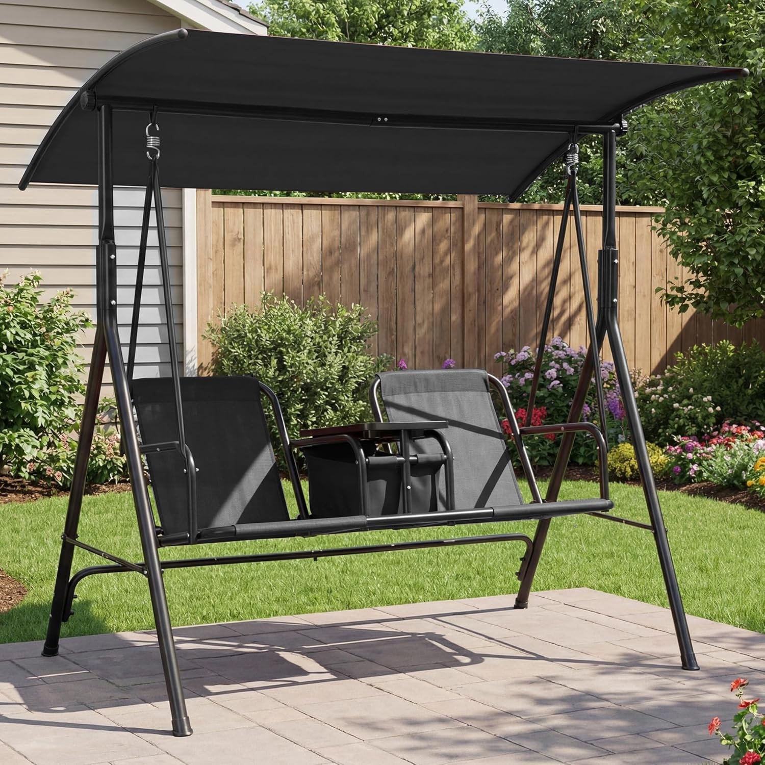 2 Person Patio Swing with Canopy,Steel Outdoor Swing Chair w/ Table & Cooler Bag