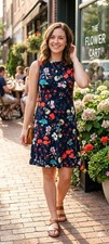 Tommy Hilfiger Sleeveless Floral Sheath Dress Navy Blue with Red/Teal Accents SM