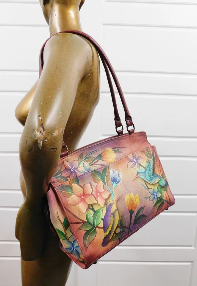 Bolso de Hombro Grande Anuschka Pintado a Mano Floral Pájaro Multi Compartimento Foto 2 de 4