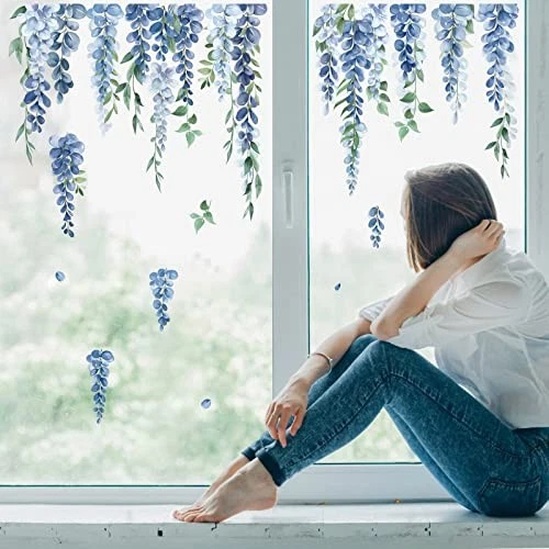  Calcomanías de ventana de hoja floral de vid colgante de doble cara con flores azules  Foto 2 de 4