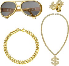 Dollar Kette Set, 4 Stück Hip Hop Kostüm Kit, Dollar Zeichen Goldkette kit, G