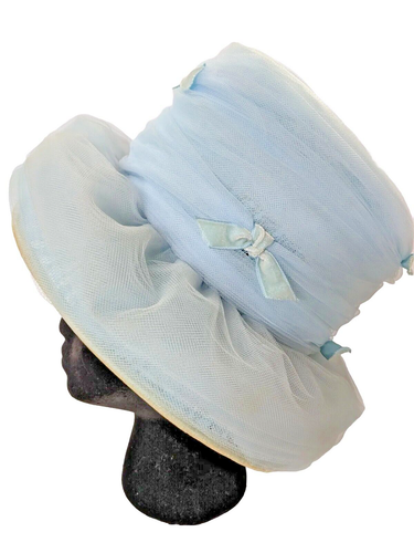 Vintage Mr Morton G Cloche Womens Blue Bucket Hat w Tulle Velvet Bows USA Derby