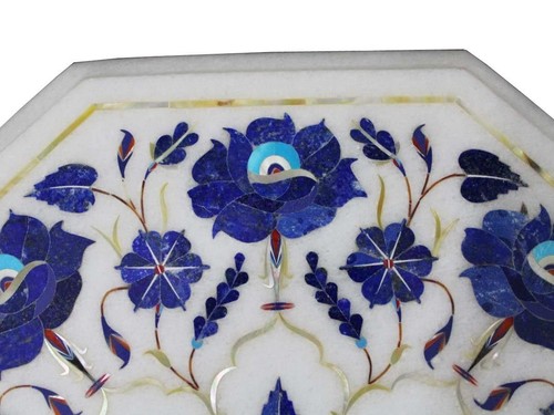 12" Marble Table Top semi precious stones lapis inlay with wooden stand - Picture 3 of 8