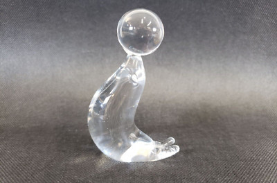 MALERAS Clear ART Glass 3.5'' TALL SEAL WITH BALL Figurine Handcrafted IN SWEDEN