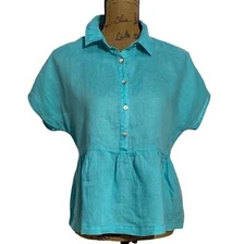 NWT C&C California Top MED Turquoise Blue 100% Linen Button Down Shirt