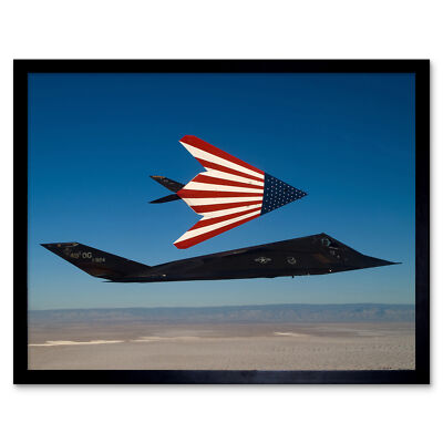 USAF F-117 Nighthawks American Flag Stealth Attack Aircraft Framed Wall Art 9X7''