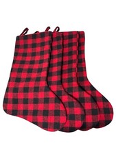 Set of 4 Christmas Red Black Buffalo Plaid Rustic Farm Hanging Stockings 20" NEW