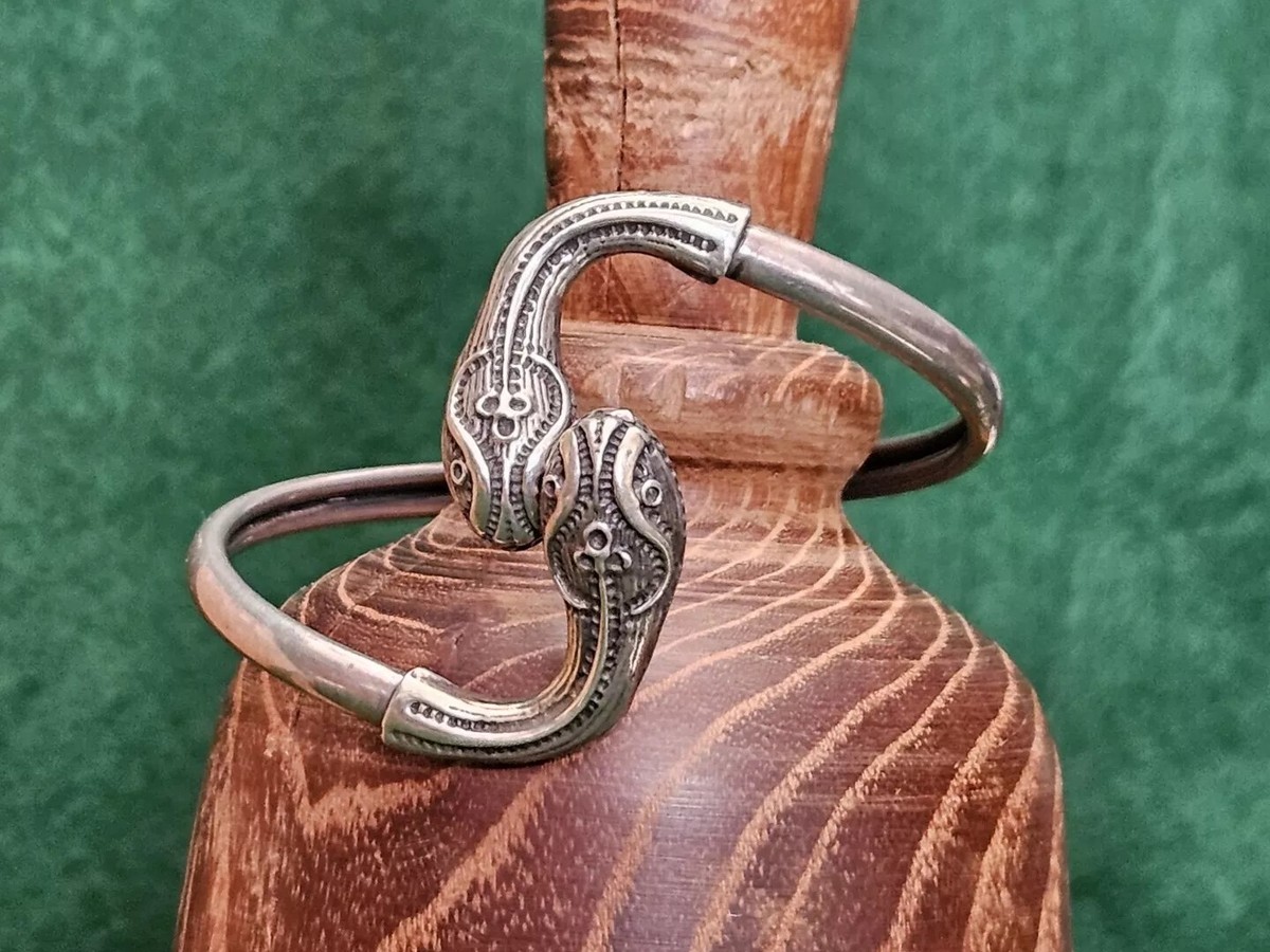 Early 1900s Vintage Mythical Snake Head Bangle Cuff Bracelet