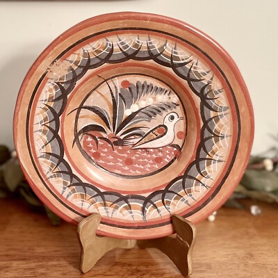 Vintage Jalisco Pottery Plate Hand Painted Bird Folk Border Tonala