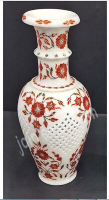 18'' Inlay white Marble Flower Vase pot Pietra Dura Handmade Art Work Home Decor