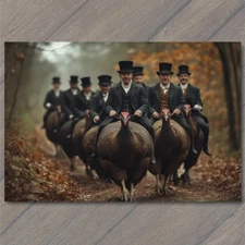 Art Print  Top-Hatted Riders on Turkeys Vintage Woodland Path Theme Quirky Funny