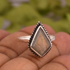 Natural Labradorite Gemstone Statement Kite Shape Gray Ring 925 Sterling Silver