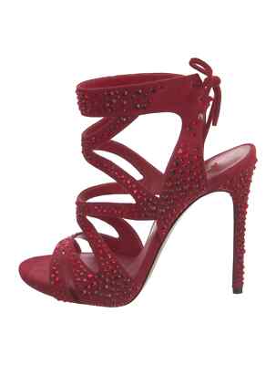 CASADEI Red Suede Crystal Embellishments Sandals Size 7 Very Good Condition