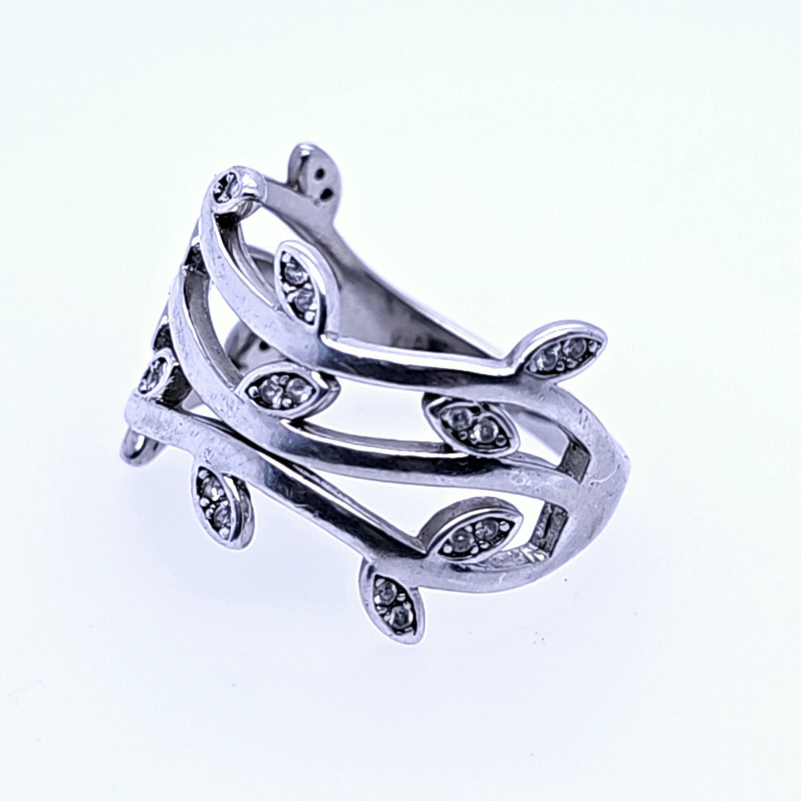 Photo 3 of Sterling Silver Ring With Leaf Bud Design CZ Stones Size P -Q