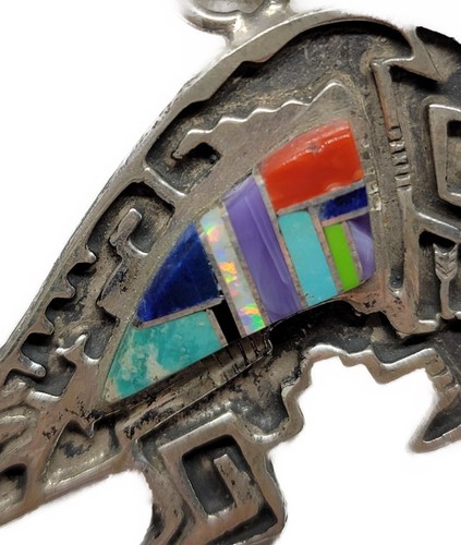 "Collar colgante de múltiples piedras preciosas firmado por oso navajo plata esterlina 1,75" - Imagen 3 de 5