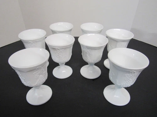 Vintage Set of 8 Indiana Glass Colony Harvest Grape Milk Glass 8 oz. Goblets