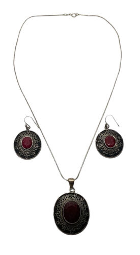 VTG Samuel Benham BJC Sterling Silver Natural Ruby Necklace Earring Set Signed - Picture 1 of 12