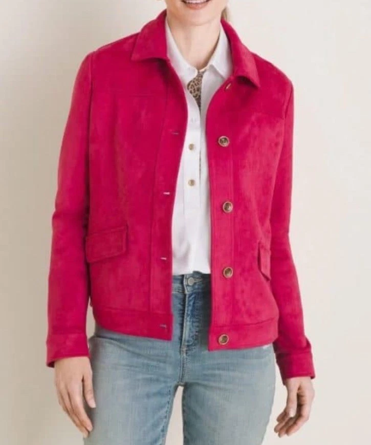Chicos Women’s Pink Long Sleeve Button Up Collared Faux Suede Short Jacket 4-6 - Image 2 of 4