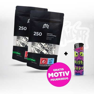 2x 250x KAILAR Mixed Cellulose Aktivkohlefilter Ø 5,9mm + Gratis Motiv-Feuerzeug