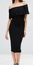 ASOS Black Jersey Ruffle Off The Shoulder Bardot Pencil Midi Dress UK 10 US 6