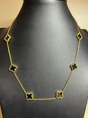 B4835 S-STEEL Gold Tone Black Clover Station Necklace Fashion Jewelry 18''