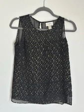 LOFT Sleeveless Gold Metallic Fleck Black Sheer Tiered Top Size Small Petite