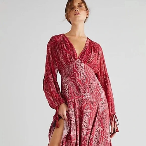 NWOT FREE PEOPLE Mirage Paisley Long Blouson Sheer Sleeve Empire Maxi Dress Sz 2 - Picture 6 of 6