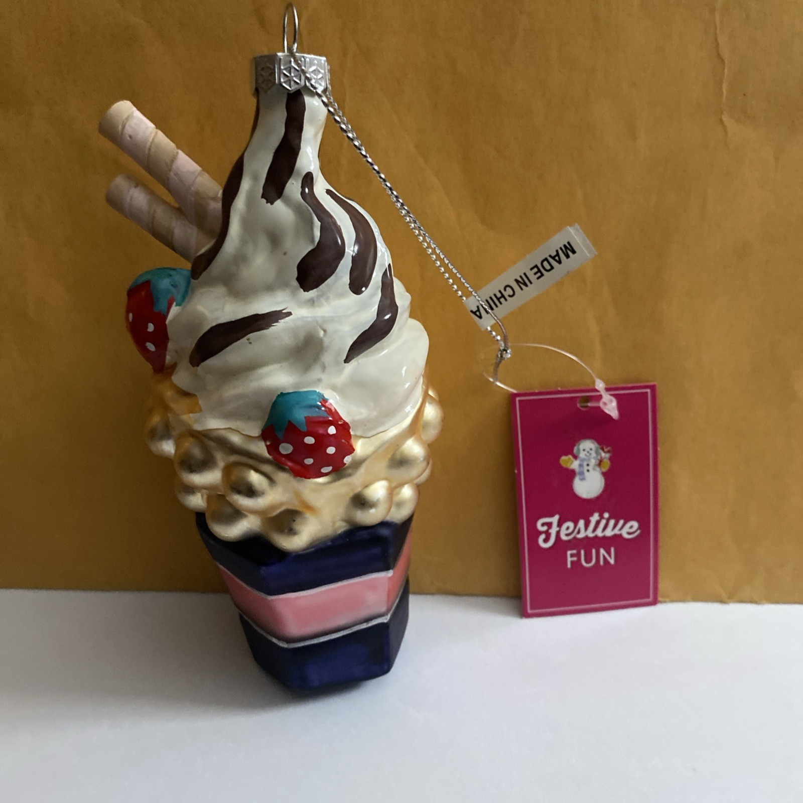 Sweet Ice Cream Cone Glass Christmas Ornament-St Nicholas Square- New,5.5” Tall