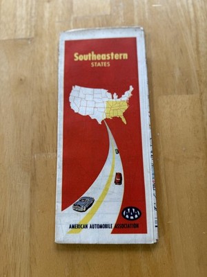 Vintage AAA Southeastern States Road Map Travel Guide Folded Brochure USA