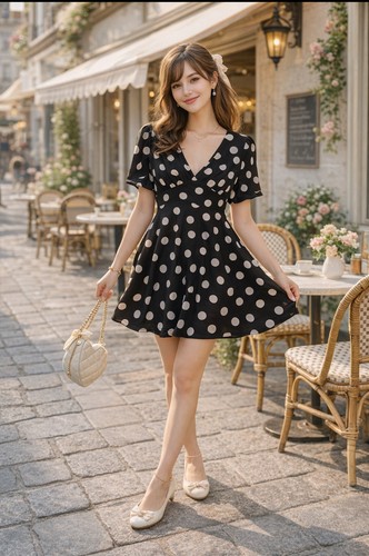 NWOT Boohoo Black Polka Dot Dress Size 12 Puff Sleeve A-Line Spring Trend