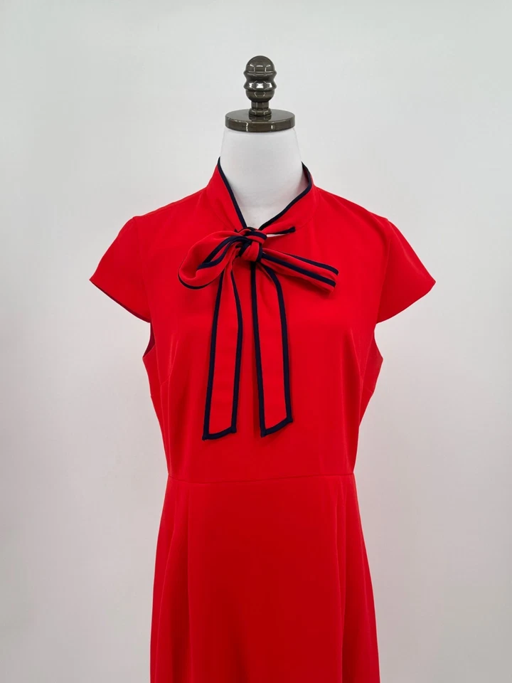 Vestido Vaina J.CREW Rojo Cuello Corbata Azul Forrado Manga Gorra Talla 10 Foto 2 de 4