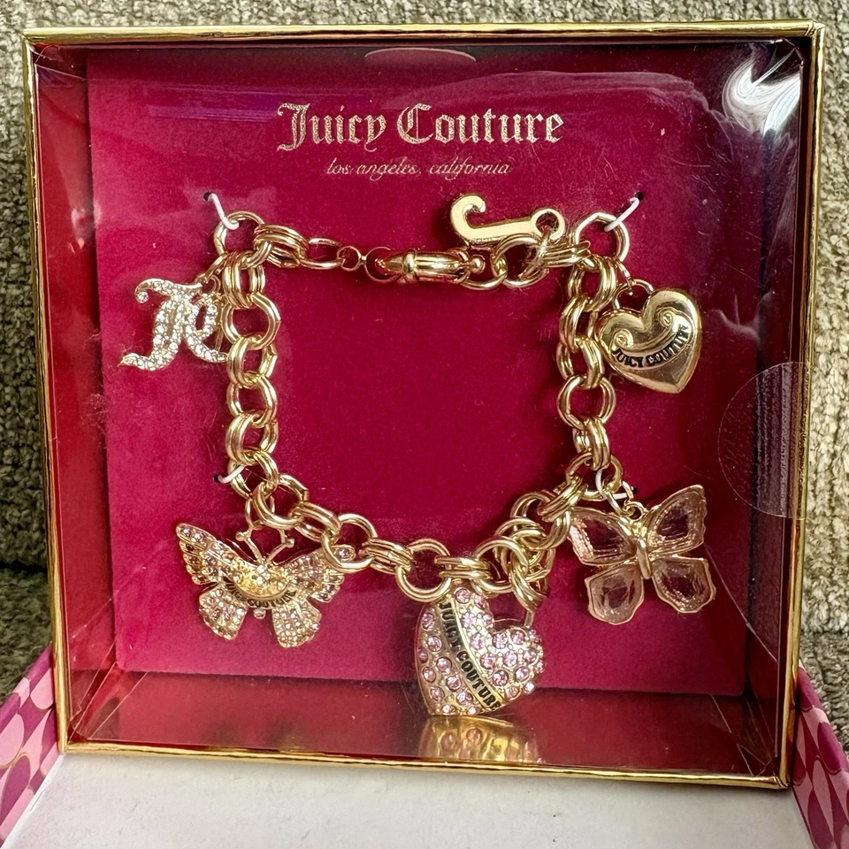 JUICY COUTURE 6 Charm Bracelet Gold Butterflies Rhinestone Engraved Heart JC Y2K - Image 3 of 4