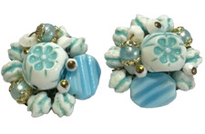 Vintage Jewelry Earrings Clip On GERMANY Cluster Blue Floral Cluster Gold 4
