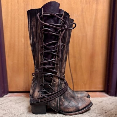 Freebird by Steven Cash Lace-Up Boots Distressed Leather Pointed Toe Block Heel 