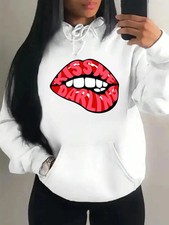 Kiss Me Darling Red Lips Print Hoodies Women Autumn Y2K Fleece Hoody Casual Hip