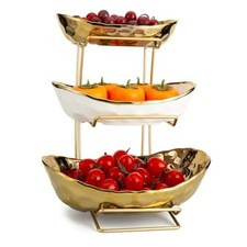 3 Tier Fruit Bowl for Kitchen Counter, White Ceramic Fruit Stand for Gold