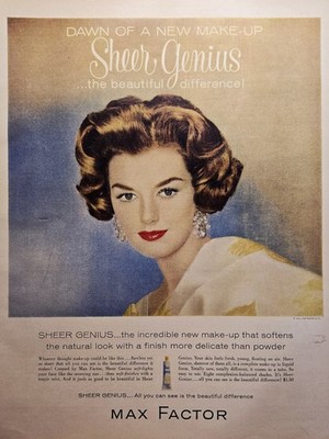 1960 Max Factor Sheer Genius Make-Up Print Ad - Elegant Model Natural Look 