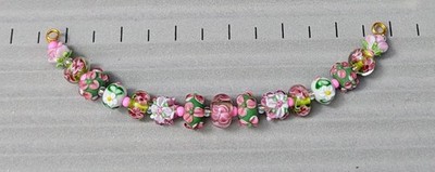 Pink & Green Medley Floral Lampwork Glass Premium Vintage Bead Set 15 Pieces