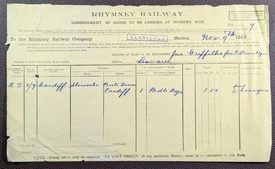 1885 Reimeisenbahn Llanishen nach Cardiff Frachtbrief