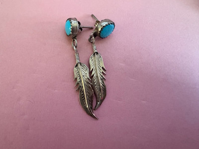 Vintage Native American Style Sterling Silver & Turquoise Feather Earrings
