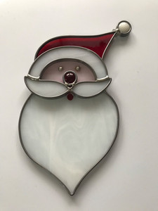 VINTAGE STAINED GLASS SANTA FACE WINDOW HANGING 7" SUNCATCHER