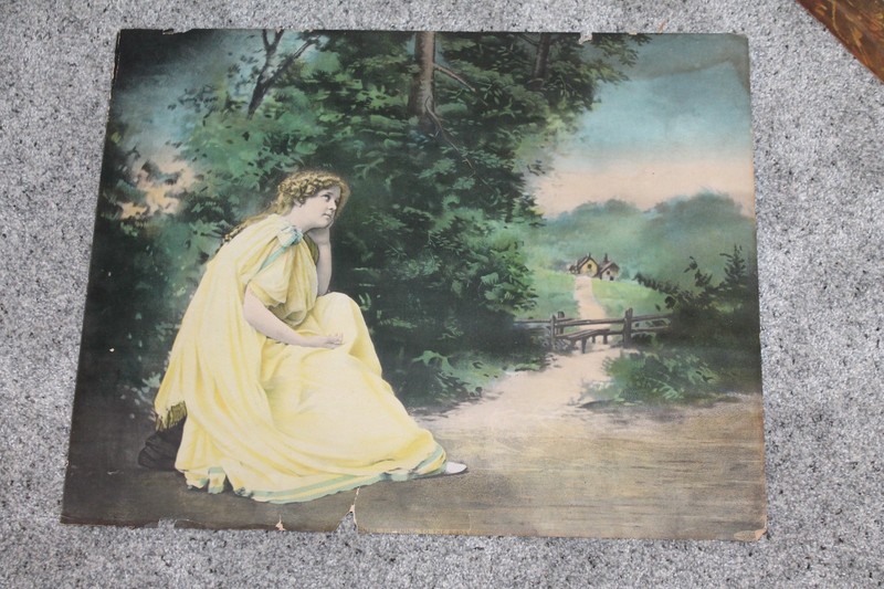 Antique Wall Art Print Landscape Portrait Lady in Yellow Dress