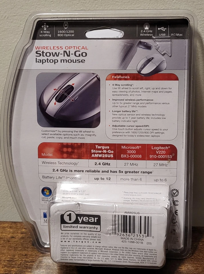 Targus Stow N Go AMW25US Wireless Computer Optical Mouse- Grey and Black - Image 2 of 4