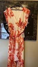 Eliza J Dress Red Orange Floral Ruffle High Low Maxi Belted Cap Sleeve 16 NWT ..