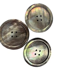 Button 3 Brown gray iridescent 4 hole round plastic vintage flat 1 5/8 in